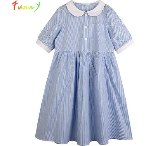Casual Doll Collar Striped Dress Girls Summer Clothes 2021 Cotton A Line Short Sleeve Children Dresses Brief Teen Girl Clothing