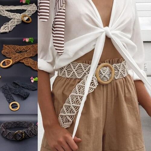 New Retro Pattern Braided Handmade Belt Wax Rope Woven Oil Wood Buckle Decorative Bohemian Wide Belt For Dress Boho Waist Chain