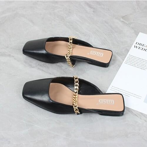 2021 New womens slippers square head shallow mouth flat bottom Muller shoes chain decoration wear fashion 35-41