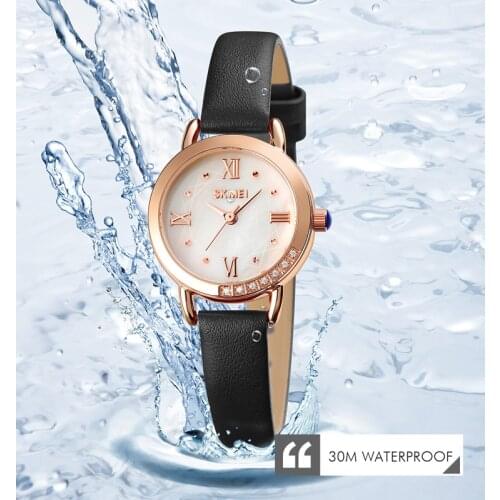SKMEI 1769 Women Quartz Watches Fashion Rhinestone Women Wristwatch Round Dial Textured Design Leather Strap Lady Girls Watch