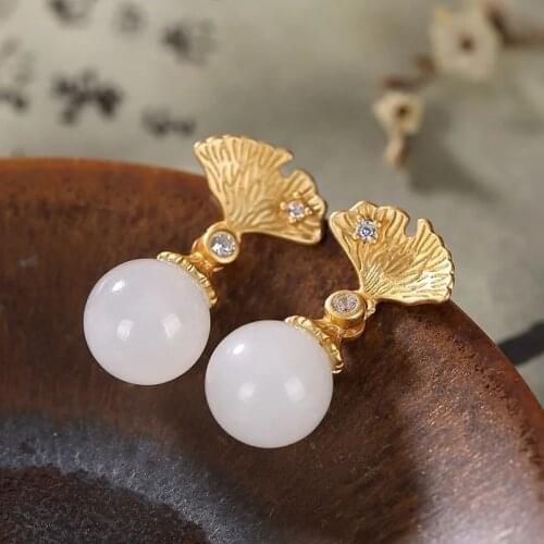 Natural Hotan white jade lotus blossom round bead earrings Chinese style retro court charm womens Christmas Halloween Gift
