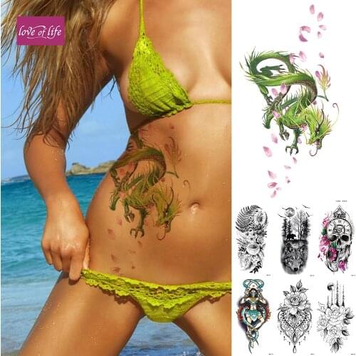 Green Cyan DragonTemporary Tattoo Sticker Flash Waterproof Tattoos Skull Clock Body Art Arm Fake Tatoo Women Men