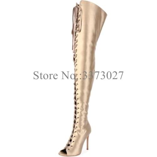 New Gold Satin Lace-up Woman Thigh High Boots Fashion Peep Toe Stiletto Heel Female Long Boots Sexy Large Size 46 Lady Shoes