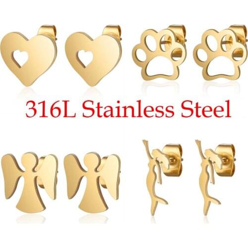 100% 316L Stainless Steel Pet Dog Paw Heart Mermaid Stud Earring for Women Wholesale Party Jewelry Ear Studs Never Tarnish