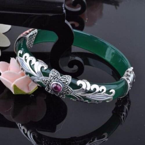 S925 pure silver natural green chalcedony bracelet woman beautiful Bangle Bracelet