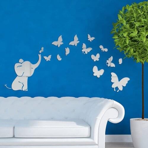 3D DIY Cute Butterfly Elephant Clock Mirror Wall Sticker Decal Home Decoration