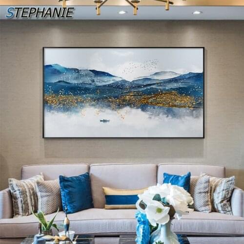 Abstract Golden Blue Poster Print Blue Sea Cloud Canvas Painting for Living Room Big Size Lake Boat Wall Art Pictures Tableaux