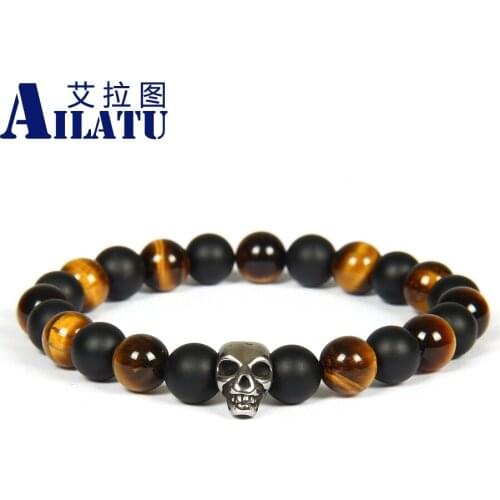 Ailatu Wholesale 10pcs/lot Stainless steel Skull Beaded Bracelet with 8mm Natural Matte Onyx and Tiger Eye Stone Not Fade