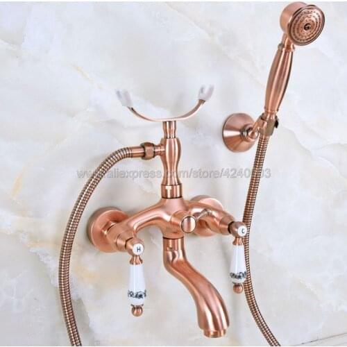 Antique Red Copper Dual Handles Brass Bathtub Faucet Set Wall Mount with Handshower Bath Shower Mixer Taps Kna365