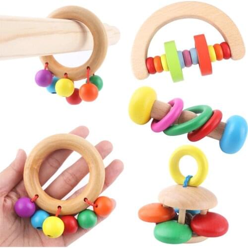 Wood Baby Toys Rattles Baby Bed Hand Bell Rattle Toy Grasp Handbell Musical Educational Instrument Toddlers Rattles Newborn Gift