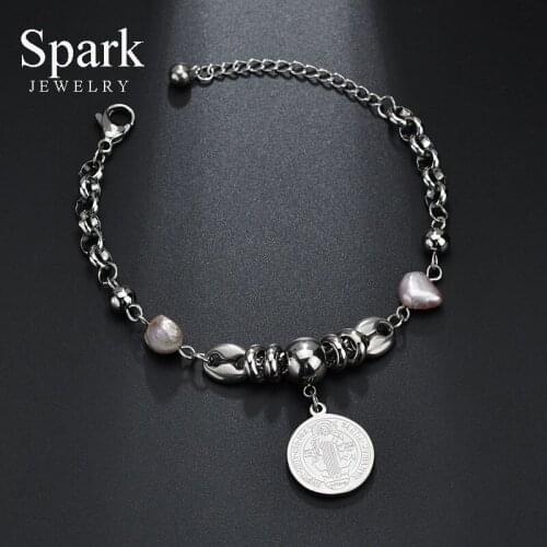 Stainless Steel Double-sided Jesus Chain Bracelets Christian Tassel Coin Pendant Bracelets With Beads Religious Jewelry