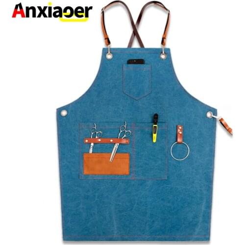 Denim apron Korean fashion hair barista tea shop waiter men and women overalls custom logo printing