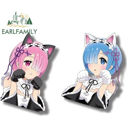 EARLFAMILY 13cm for Twins with Blue Rem Ram Anime Peek Car Stickers Air Conditioner Decals Waterproof Cartoon Car Door Protector