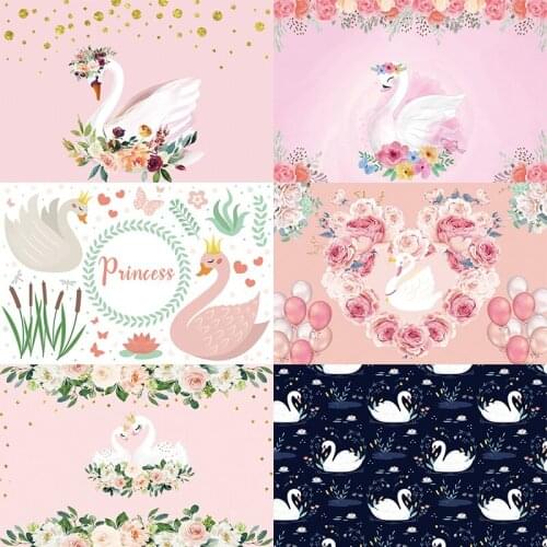 Swan Backdrop Baby Shower Happy Birthday Party Boy Girls Photograph Background Flower Photo Banner Decoration