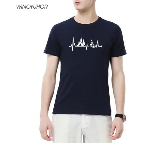 Camping Tent Kayak Heartbeat Print T Shirt Men Cool Streetwear Hip Hop T Shirts Men O-Neck Cotton Short Sleeve T Shirt For Man