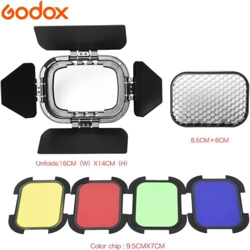 Godox BD-07 Barn Door 4 Color Gel Filters (Red Yellow Blue Green) with Honeycomb Grid for Godox AD200 pocket flash