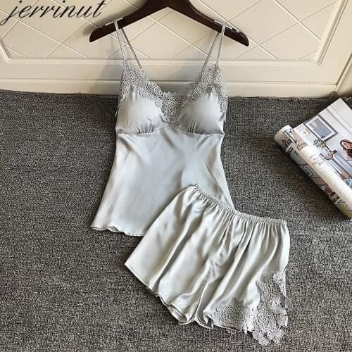 Jerrinut Women Sleep Lounge Pajama Set Sexy Satin Sleepwear Women Summer Pyjama Femme Silk Pajamas Nightgowns With Chest Pad