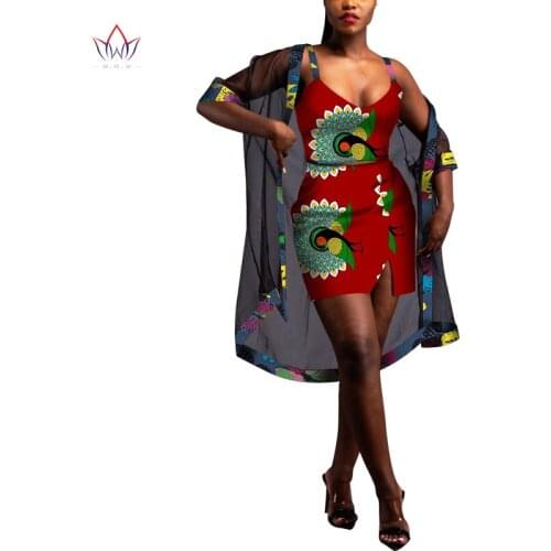 2 Pcs Set Dashiki African Dresses for Women Bazin Riche Ankara Print Mini Dresses and Shawl Top Women African Clothing WY7038