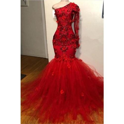 Red One Shoulder Long Illusion Sleeve Mermaid Evening Dresses Crystal Beaded 3D Floral Appliqued Tulle Party Dresses