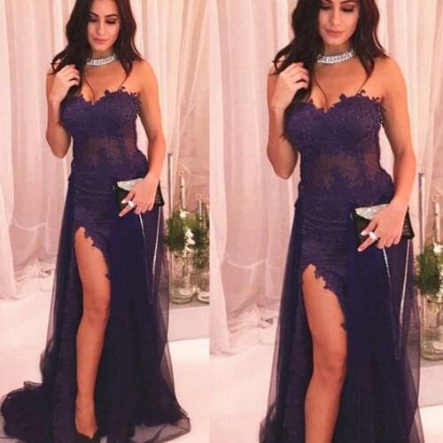 Lace prom dresses 2020 sweetheart neckline side slit tulle purple floor length court train evening formal dresses