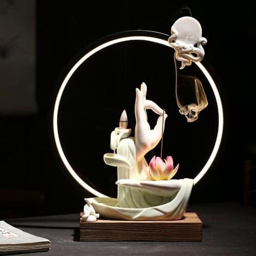 Buddha Hand Backflow Incense Burner With Led Light Smoke Waterfall Incense Sticks Holder 20 Pcs Cone Home Decor Porcelain Censer