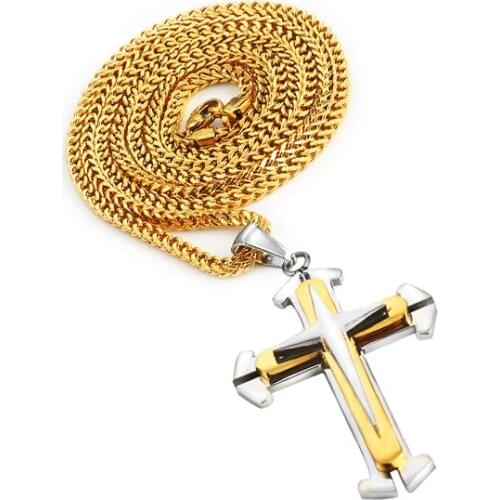 Fashion Mens positive and negative chain Metal Three-layer Stainless Steel Gold Color Cross Pendant Necklace Religious Jewelry