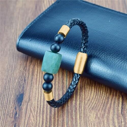 Punk Jewelry Beads Leather Charm Bracelet for Men Women Stainless Steel Natural Amazon Stone Rosary Love Bracelet Bangle Gift