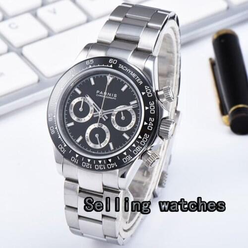 New arrive 39mm PARNIS black dial quartz mens watch solid case full Chronograph