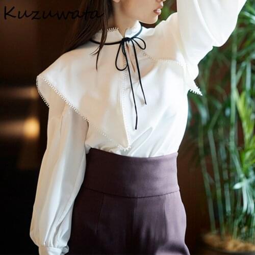 Kuzuwata 2021 Autumn New Blouses Detachable Sailor Neck Bow Tie Long Sleeve Solid Shirts Japan Style Temperament Sweet Blusas
