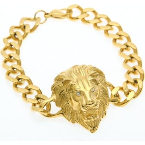 New Fashion Charm Punk 316L Stainless Steel Gold Color Lion 's Head Cuban Link Chain Bracelet 24cm Men Bracelets Hip Hop Jewelry