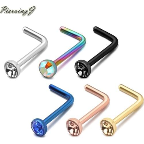 PiercingJ 6Pcs 20G Stainless Steel Nose Stud Nose Pin Bone Rings Cubic Zirconia Crystal L shape Bar Nose Retainer Body Piercing