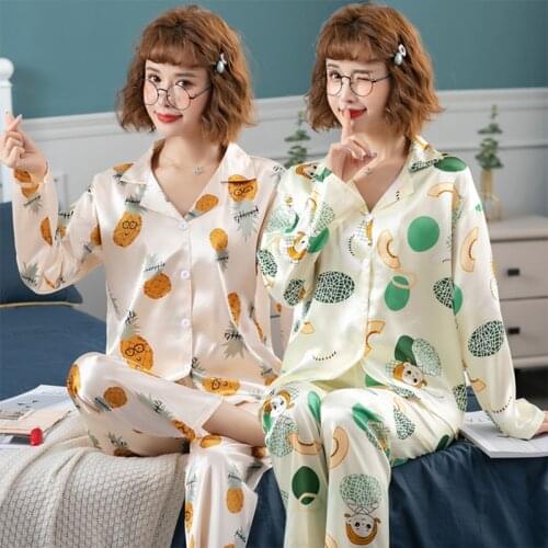2021 Spring Summer Korean Silk Satin Print Pajama Sets for Women Long Sleeve Sleepwear Pyjama Homewear Pijama Mujer Home Clothes