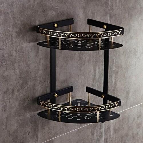 Bathroom shelf black aluminum double layer bathroom corner shelf bathroom holder showeroom basket bathroom accessories