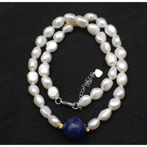 Freshwater pearl white baroque and lapis round 16mm necklace 17inch FPPJ wholesale beads nature