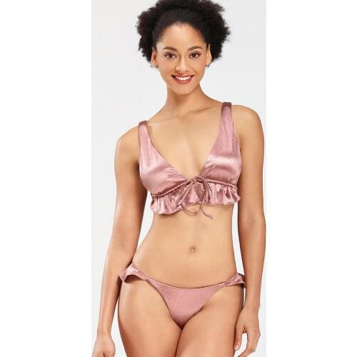 Sexy Women Shiny Solid Ruffle Bikini Brazilian Swimsuit Push Up Vest Strap Stretch Satin Bikini Set Summer Swimwear Bathing Suit