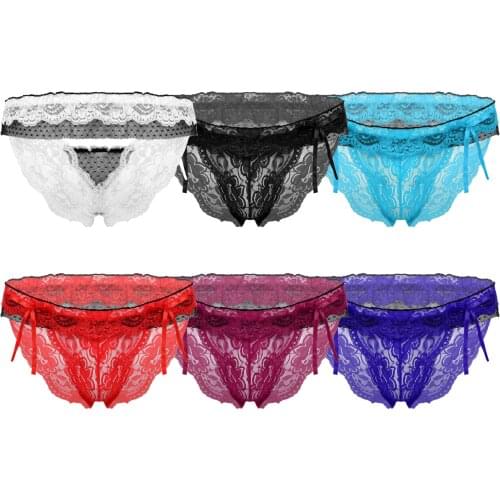 Floral Lace Men Briefs Lingerie Breathable See-through Low Waist Bowknot Ruffle Underpants Sissy Underwear Pantie Honeymoon Gift