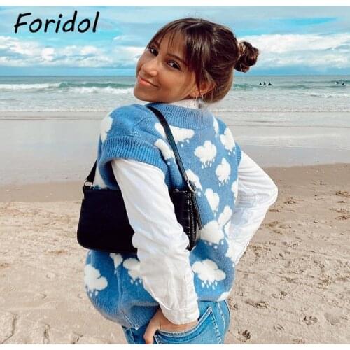 Foridol Knitted Sweater Vest Women Cloud Rain Print Sleeveless V Neck Blue Oversized Waistcoat Autumn Winter Vest Pullover 2021