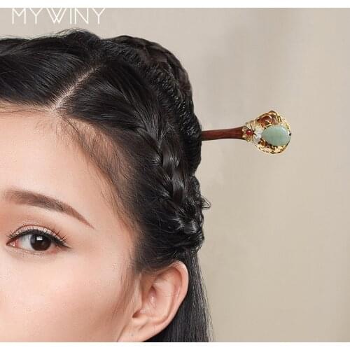 MYWINY Aventurine stone Ethnic hairpins,Classic shell Flower Hairpins Fashion nature sandalwood vintage hair jewelry gift