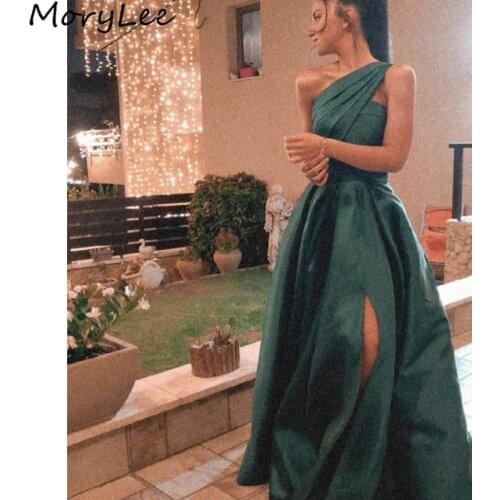 Green Prom Dresses One Shouder Side Slit A-Line Sweep Train High Quality Satin Prom Dresses vestidos de fiesta de noche