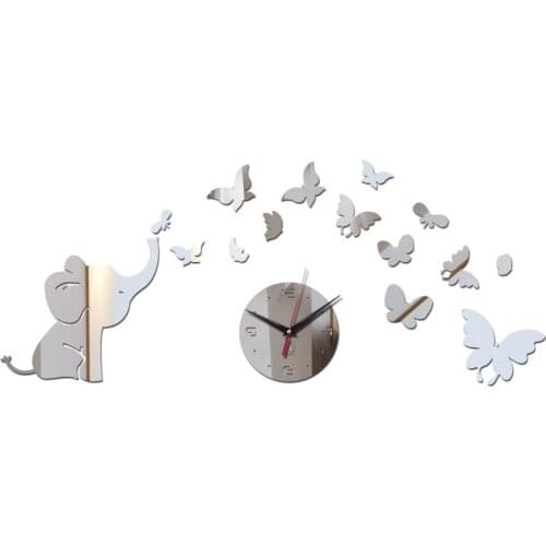 New fashion mirror acrylic quartz wall clock elephant and butterfly decoration wall stickers diy geometric wall watches