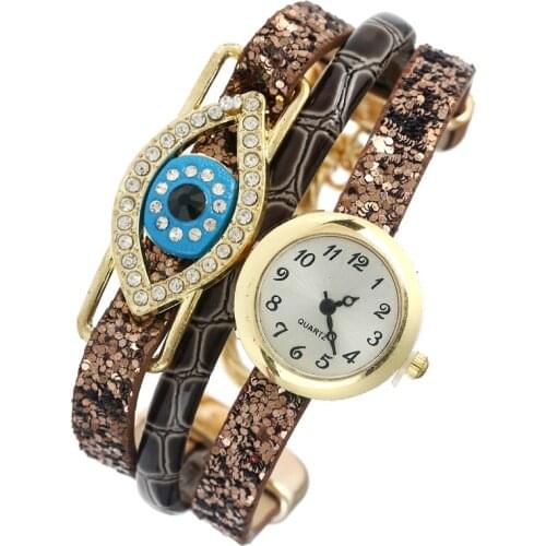 Gnova Platinum Fashion Sequin Strap Bracelet Watch Women Crystal Blue Eye Dress Wristwatch Quartz Relogio Feminino Gift A849