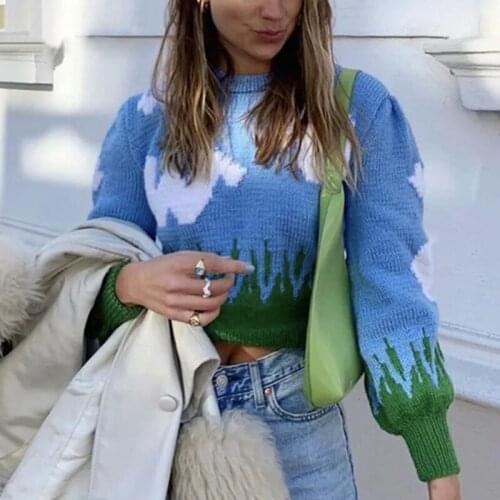 Women Lantern Long Sleeve Loose Tops Lady Soft Warm Pullover Sweater Jumper Sueter O Neck Casual Print Knitted Sweater