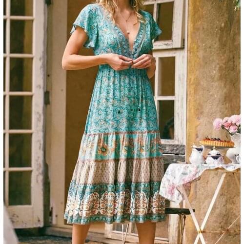 TEELYNN green cotton Floral Print midi dresses for Women robe vintage Casual long Summer Dress V-Neck boho Beach Vestidos 2020