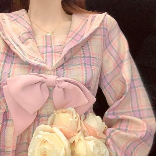 Sweet Pink Plaid Dress Women Autumn 2021 New Long Sleeve Dress Fashion Navy Collar Bandage Bow Dresses Female