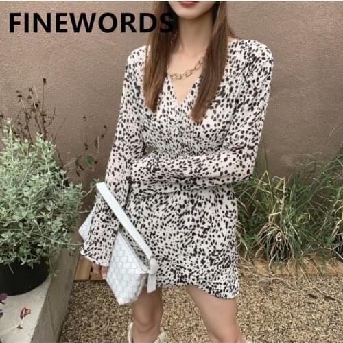 FINEWORDS V Neck Leopard Chiffon Sexy Dress Vintage Casual Spring Long Sleeve Dress Printed Korean Party Midi Ladies Dresses