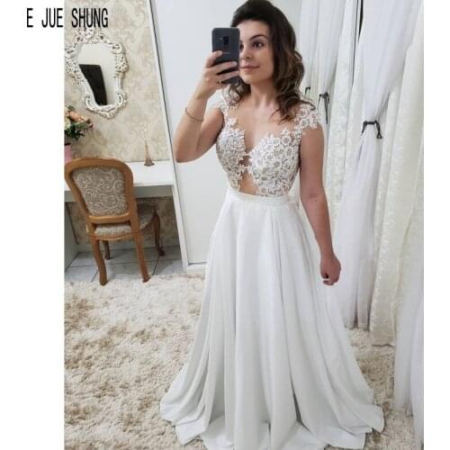 E JUE SHUNG White Boho Wedding Dresses O Neck Cap Sleeves Illusion Back Lace Appliques Cheap Bridal Dresses vestidos de novia