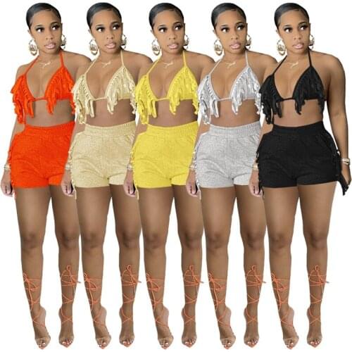 ZKYZWX Sexy Tassel 2 Two Piece Set Halter Bandage Crop Top Biker Shorts for Women Summer Vacation Outfit Night Club Matching Set