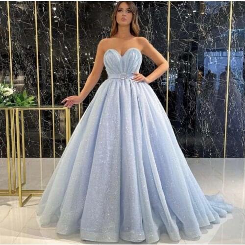2022 Designer Prom Dresses Sweetheart Sleeveless A Line Shinny Glitter Fabric Blue Vestidos De Formature