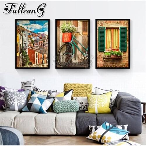 FULLCANG 5d diy diamond embroidery Bicycle window town scenery diamond painting triptych full square round drill 3pcs/set FC2897