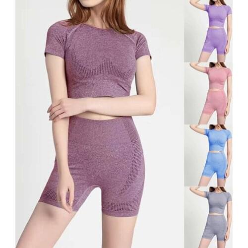 2Pcs Seamless Yoga Set Sport Suit Women Workout Clothes Athletic Gym Set Short Sleeve Crop Top Yoga Shorts Fitness Sportswear